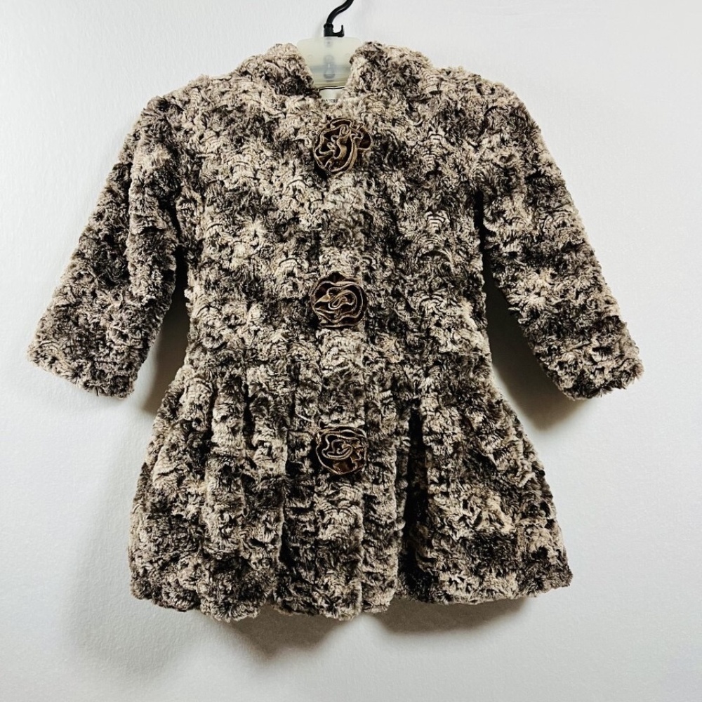 American Widgeon Brown Plush Girls Hooded Dress Coat with Rosette detail -READ